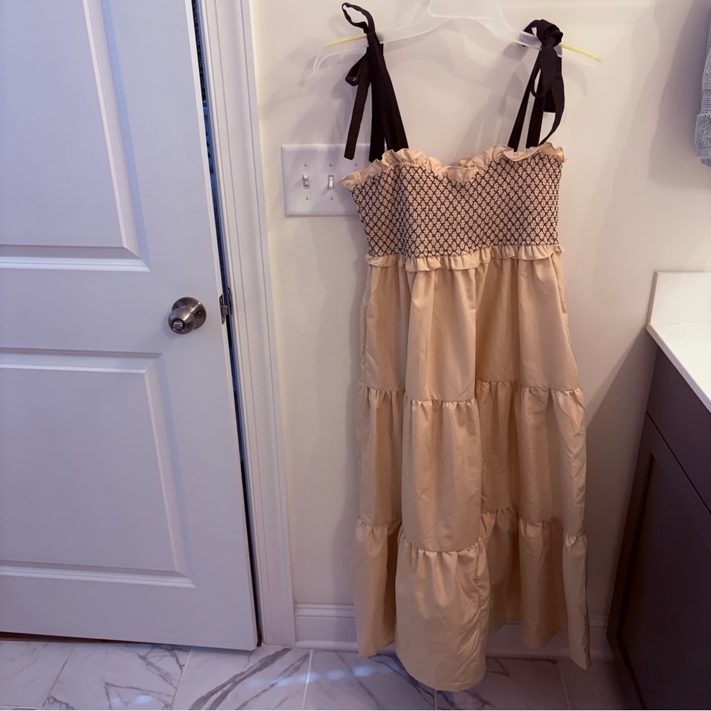 vestique Cream Smocked Bodice Dress with Black Straps